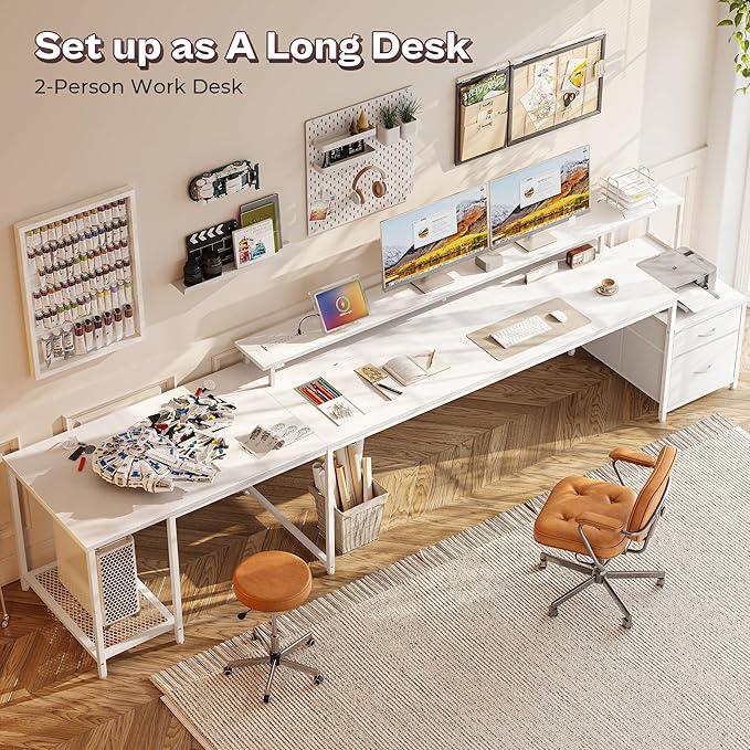 PRAISUN 66 Inch L Shaped Computer Desk with Power Outlets and LED Lights, Home Office Desk with Fabric Drawers and Print Stand, L Shape or Long Set up, Monitor Stand, Mesh CPU Stand, White