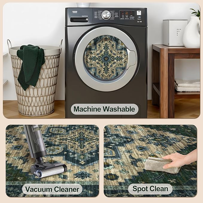 Tangsoo 2x3 Rugs for Entryway, Vintage Washable Non Slip Small Area Rug, Indoor Front Door Rug, Print Distressed Door Mat Carpet, Soft Low Pile Rugs for Entrance Kitchen Bedroom Green