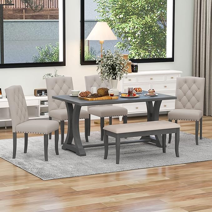 Ball & Cast Dining Table Set for 6, 60" Rectangular Dining Room Table with 4 Upholstered Chairs and 1 Bench, 6-Piece Farmhouse Dining Furniture Set with Solid Wood Legs for Kitchen,Antique Gray