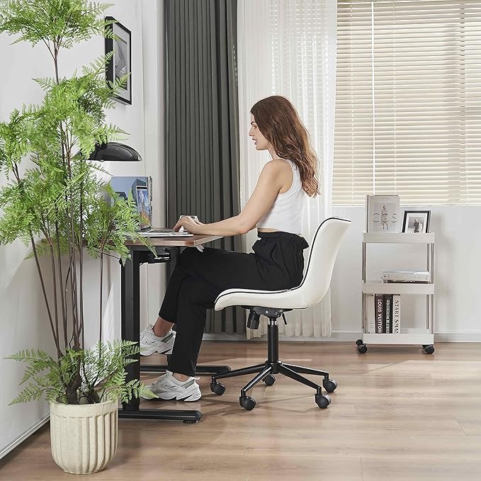 YOUNIKE Ergonomic Home Office Desk Chair with Wheels White Comfy Armless Vanity Chair with Back Modern Faux Leather Upholstered Task Chair Small Cute Rolling Drafting Chair No Arms Adjustable Swivel