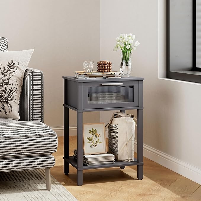 Nightstand Wooden Bedside Table with Drawer Grey Night Stands Modern Style Small End Table Side Table with Storage Shelf for Bedroom Living Room MLBZ10G