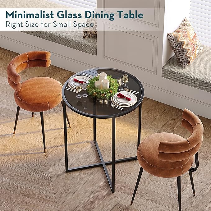SAYGOER Small Round Dining Table for 2,Glass Circle Kitchen Dinner Table,26.7'' Multifuntional Modern Desk for Dining Room,Office,Kitchen,Apartment,Easy Assembly, All Black