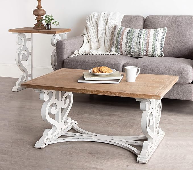 Kate and Laurel Wyldwood Rustic Carved Coffee Table, 38" x 23" x 18", Distressed Brown and White, Farmhouse-Inspired Living Room Decor