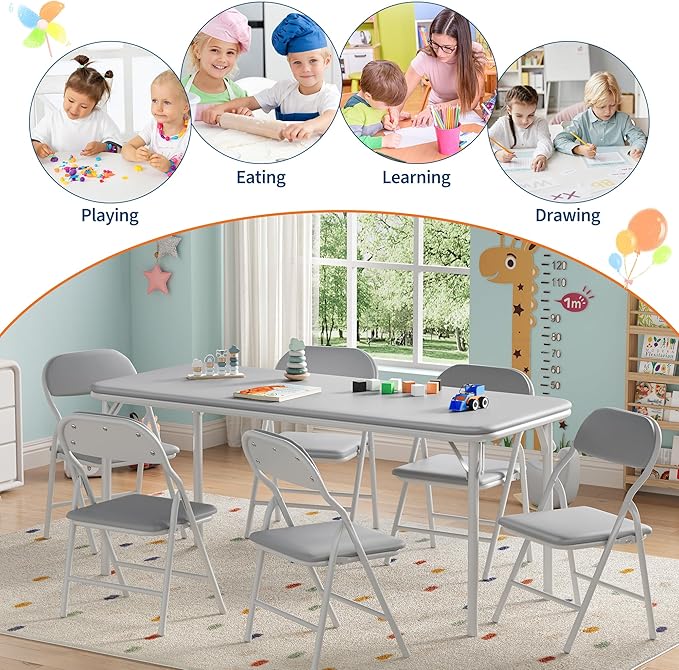 GarveeHome 7-Piece Kids Folding Table and Chairs Set, Toddlers Children's Activity Table and Chairs Set for Dining Room,Daycare,Classrooms