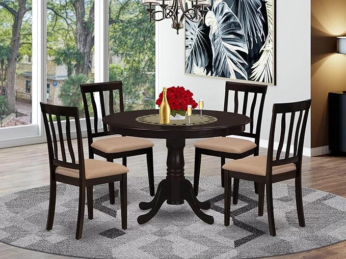 East West Furniture HLAN5-CAP-C 5 Piece Kitchen Table Set for 4 Includes a Round Dining Table with Pedestal and 4 Linen Fabric Dining Room Chairs, 42x42 Inch, Cappuccino