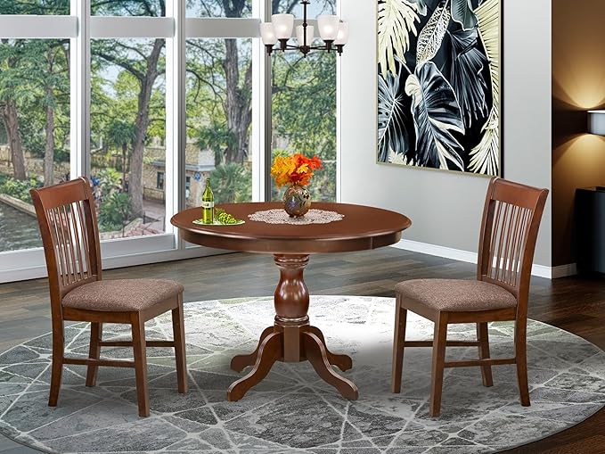 East West Furniture HBNF3-MAH-C 3 Piece Dining Room Table Set Contains a Round Kitchen Table with Pedestal and 2 Linen Fabric Upholstered Dining Chairs, 42x42 Inch, Mahogany