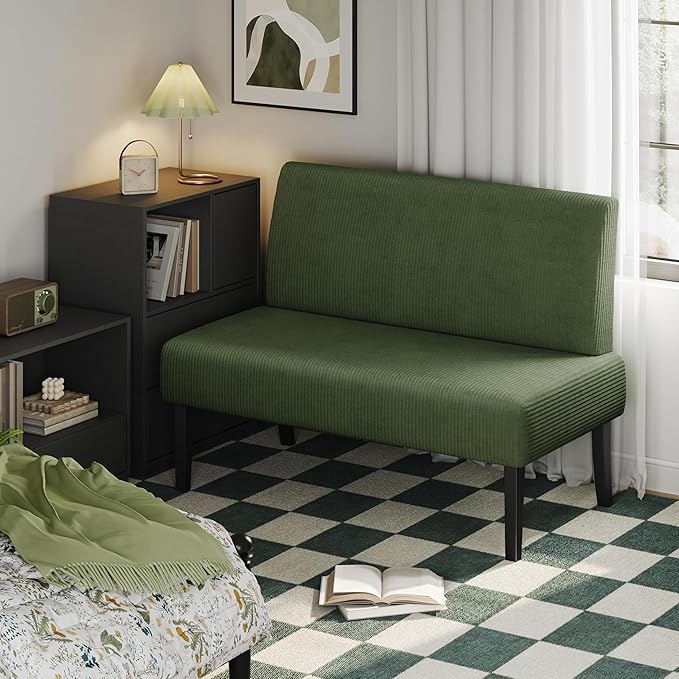 Yaheetech Small Mini Sofa Couch Armless Loveseat Futon for Bedroom, Corduroy Fabric & Easy Assembly, for Small Spaces Living Room,Dorm,Office,Apartment, Green