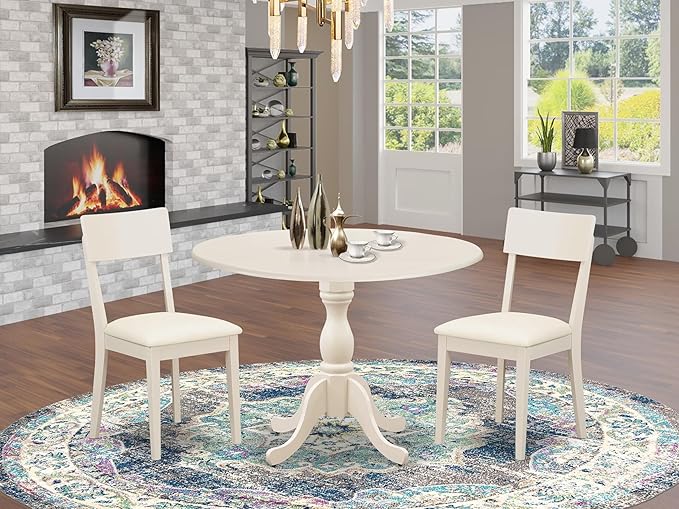 East West Furniture DMAD3-LWH-LC 3 Piece Dinette Set for Small Spaces Contains a Round Dining Table with Dropleaf and 2 Faux Leather Dining Room Chairs, 42x42 Inch, Linen White