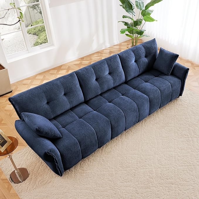 Modern Chenille Fabric 3-Seat Sofa w/ 2 Pillows, Premium Upholstery Living Room Couch with Tufted Backrest & Comfortable Armrests and High-Resilience Memory Foam Cushions,Blue