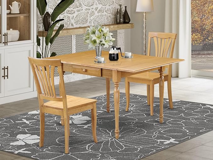 East West Furniture MZAV3-OAK-W 3 Piece Dining Room Table Set Contains a Rectangle Kitchen Table with Dropleaf and 2 Dining Chairs, 36x54 Inch, Oak
