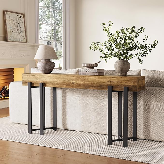 LITTLE TREE 63-Inch Console Table for Entryway, Industrial Behind Couch Table, Minimalist Sofa Table for Living Room, Rustic Brown Wooden Hallway Foyer Table with Black Metal Frame
