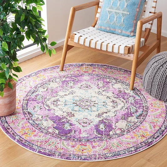 SAFAVIEH Monaco Collection Area Rug - 5' Round, Violet & Light Blue, Boho Chic Medallion Distressed Design, Non-Shedding & Easy Care, Ideal for High Traffic Areas in Living Room, Bedroom (MNC243L)