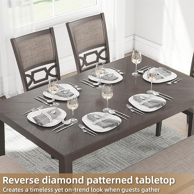 Signature Design by Ashley Wrenning Modern Diamond Patterned Dining Table with 4 Upholstered Chairs and Bench, Set of 6, Gray & Light Gray