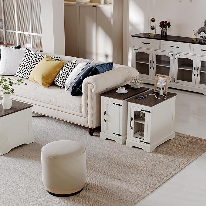 Narrow Side Table with Charging Station,13.8" W End Table with Storage for Sofa Couch or Bed Side with Outlets & USB Ports, Farmhouse Nightstand for Bedroom Livingroom (Glass,White & Walnut)