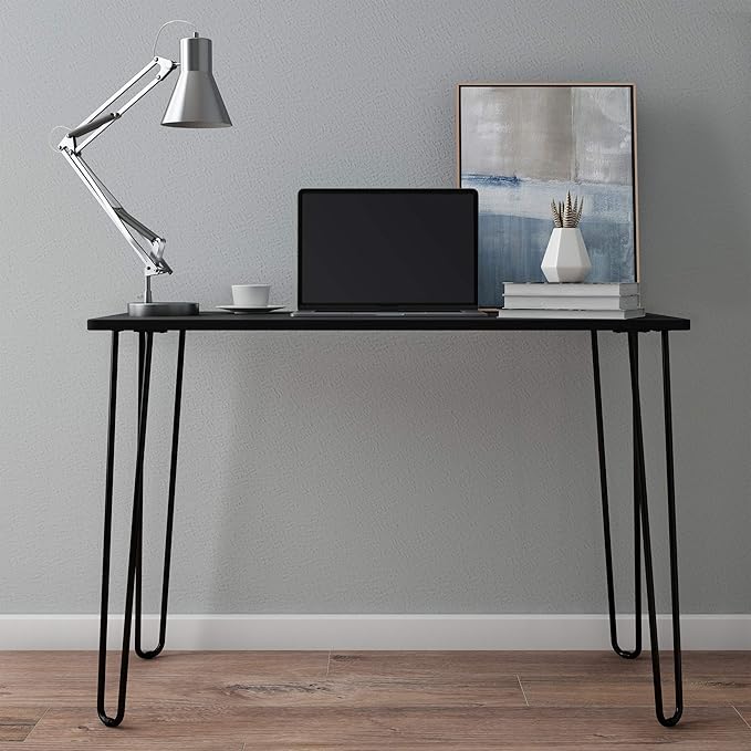 Lavish Home Desk with Hairpin Legs - Modern Industrial Style Home Decor - Woodgrain-Look and Steel Accent Home Office Furniture (Black)