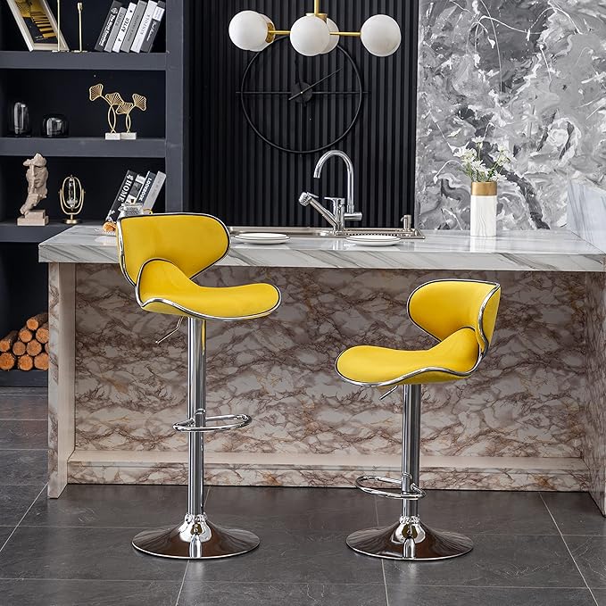 Roundhill Furniture Masaccio Velvet Upholstered Adjustable Swivel Barstool, Set of 2, Yellow