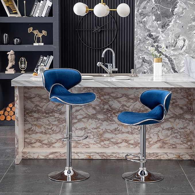 Roundhill Furniture Masaccio Velvet Upholstered Adjustable Swivel Barstool, Set of 2, Blue