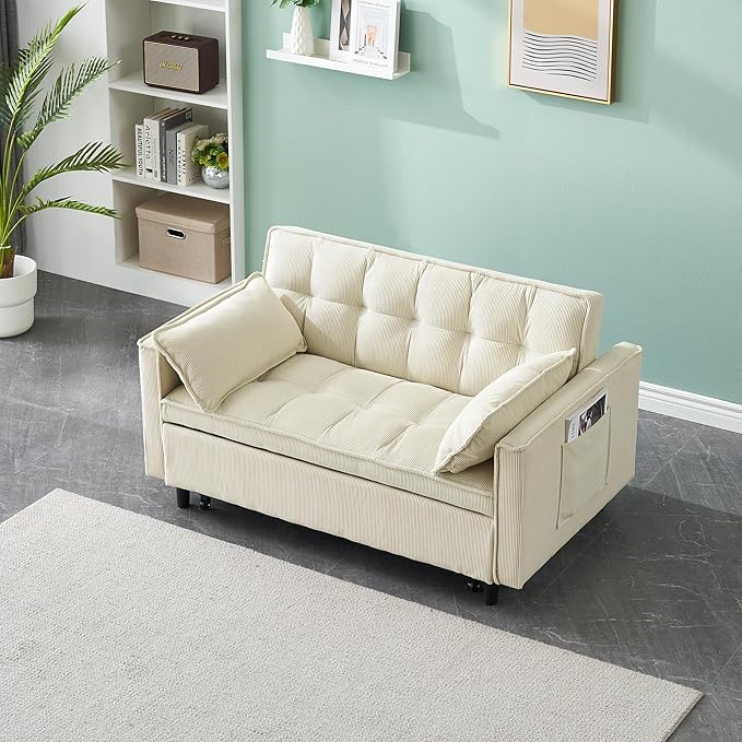 Ball & Cast Convertible Sofa Bed,Pull Out Loveseat Sleeper Sofa,Convertible Pull Out Couch W/ 2 Pillows,Adjustable Backrest & Side Pocket,Corduroy Futon Couches for Living Room,Apartment,Beige,54"