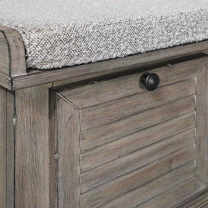 OSP Home Furnishings Dover Coastal Lift-Top Storage Bench with Shutter Face Styling, Goldstone Finish with Salt and Pepper Cushion