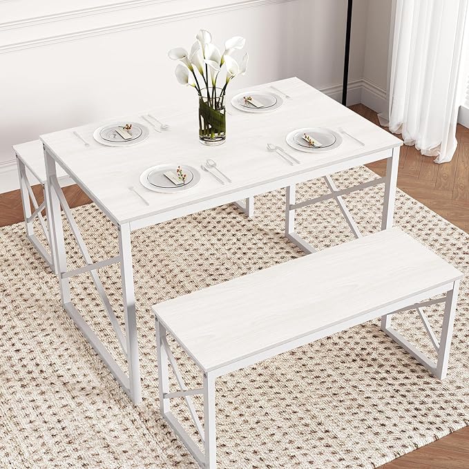 VECELO Dining Table with 2 Benches for 4, 43.3'' Wood Kitchen Room Dinette Sets with Metal Frame for Breakfast Nook and Small Space, White