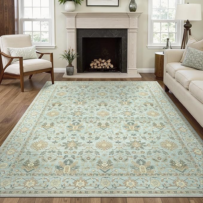 8X10 Area Rugs Machine Washable Runner Rugs for Living Room Bedroom Hallway, Non Slip Indoor Soft Accent Distressed Boho Vintage Print Lightweight Thin Low Pile Carpet, Misty Blue