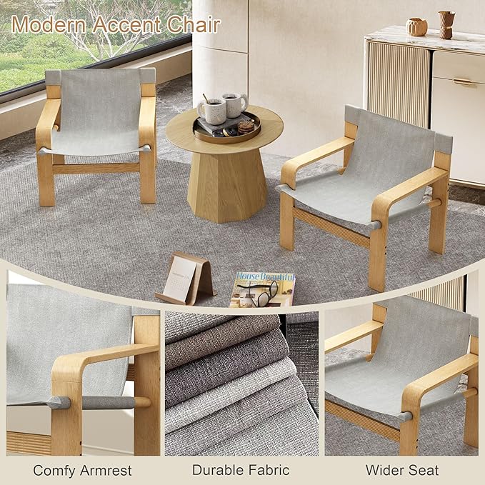 Ball & Cast Mid-Century Lounge Living Room Chairs,Accent Chair Wide Armrest with Comfortable Linen Fabric Armchair & Rubber Wood Frame,Detachable and Washable Seating Furniture for Reading,Light Grey