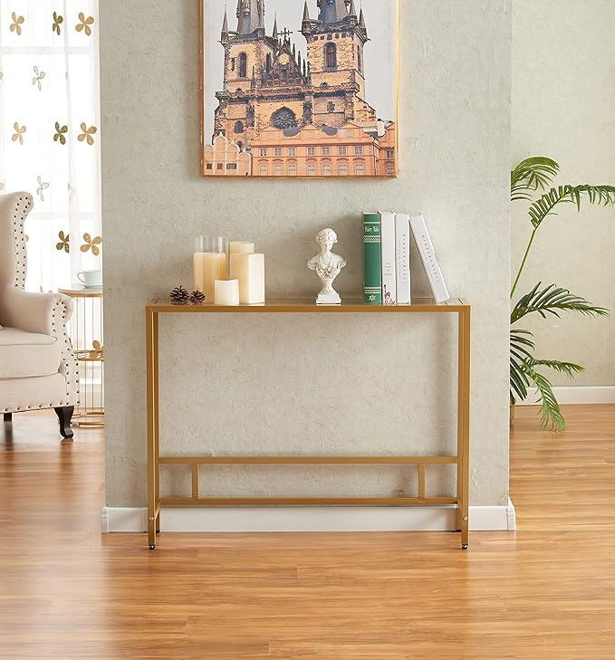 MAJARO Small Modern Console Table for Entryway, Tempered Glass with Metal Frame Sofa Table for Living Room, Hallway, Office (Single-Layer, Gold)