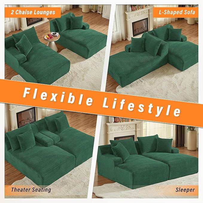 ERYE 79" Oversized Double Chaise Lounge Indoor Sleeper Recliner Sofabed with 4 Pillows, Fluffy Corduroy Loveseat Sleeper Chaise Daybed 2 Pieces Boneless Chair Sofa Bed for Living Room Bedroom Reading