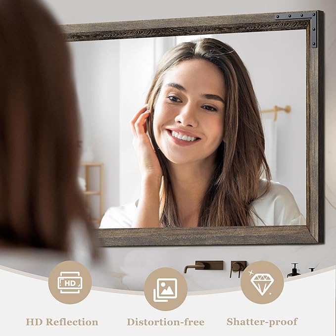 YOSHOOT Farmhouse Bathroom Mirror, Rustic Wooden Framed Mirror, Wood Vanity Mirror, Solid Wood & Handmade, Vertical or Horizontal Hanging for Bathroom Entryway Living Room Bedroom, 40" x 30", Brown