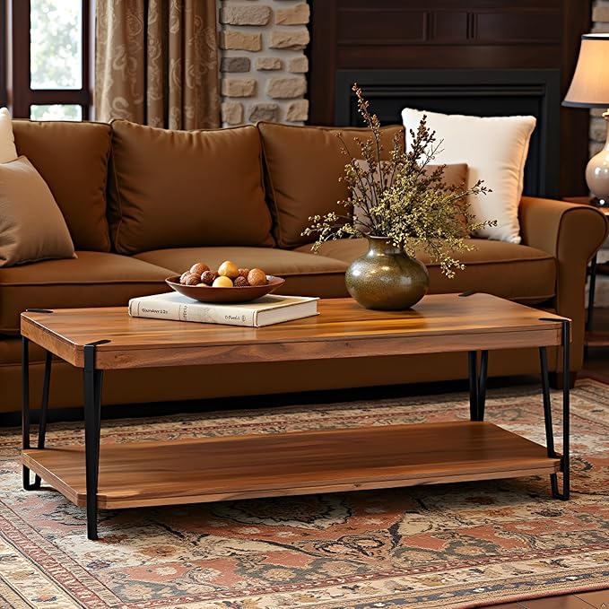 Alaterre Furniture Ryegate 48" Live Edge Wood Coffee Table â€“ Solid Acacia with Metal Frame, Industrial Modern Design, Rustic Rectangle Table with Clear Finish for Living Room or Lounge