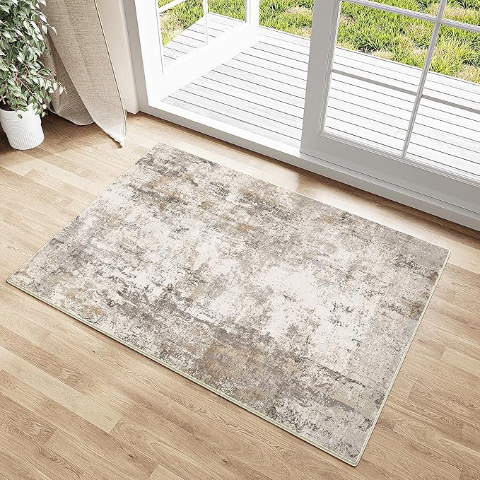 2x3 Washable Area Rug Brown Grey Neutral Abstract Entryway Kitchen Non Slip Low Pile Throw Rug Living Room Bedroom Indoor Doormat Small Soft Carpet for Entrance Bathroom