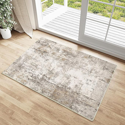 2x3 Washable Area Rug Brown Grey Neutral Abstract Entryway Kitchen Non Slip Low Pile Throw Rug Living Room Bedroom Indoor Doormat Small Soft Carpet for Entrance Bathroom