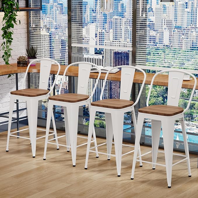Changjie Furniture 26 Inches Bar Stools, Counter Height Bar Stools with Back Modern Barstools Bar Chairs Set of 4 for Kitchen (26 Inch, White)