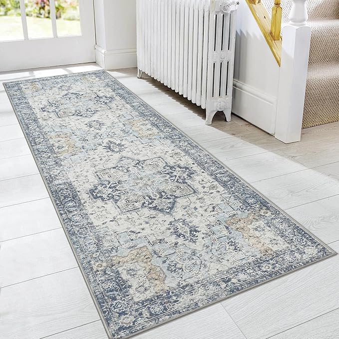 GENIMO Runner Rug 2x10, Machine Washable Vintage Runner Carpet, Non Slip Hallway Rug, Low Pile Lightweight Rugs for Entryway, Hallway, Kitchen and Corridor, Blue
