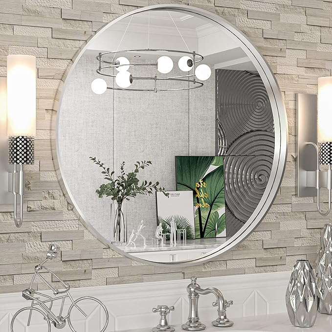 TokeShimi Round Mirror 24 Inch Brushed Silver Round Bathroom Mirror for Wall Non-Rusting Aluminum Alloy Brushed Silver Matte Metal Frame Modern Circle Mirror Multi Style Home Decor