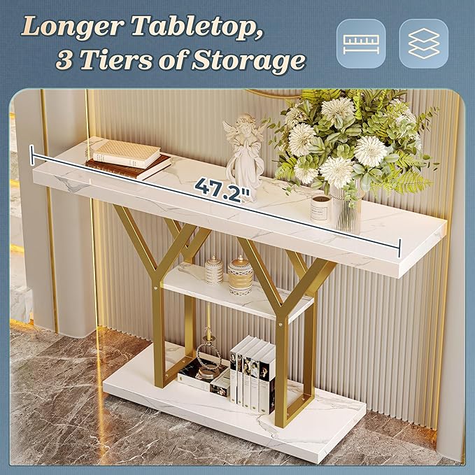Huuger 47.2 Inch Entryway Table with Marble Top, Industrial Console Sofa Table, 3 Tier Accent Table, for Entry, Hallway, Entrance, Foyer, Y-Shaped Metal Base, Rusitc Brown