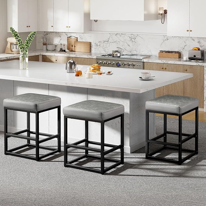 Counter Height Bar Stools Set of 3, 24" Barstools for Kitchen Countertop, Faux Leather Counter Stools with Thick Square Seats & Sturdy Metal Base, Simple Assembly, Gray