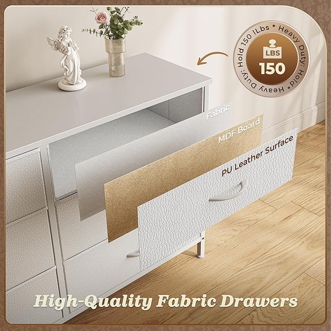 Huuger 70 Inch White Dresser for Bedroom, TV Stand for 65, 75, 80 Inch TV, 13 Fabric Drawer Long Dresser, Wide Chest of Drawer, Storage Units for Bedroom