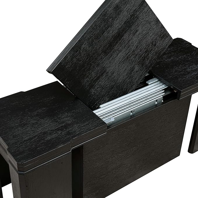 X02MZ-206-50 - 5-pc Dining Room Table Set a Rectangular Kitchen Table and 2 wooden Benches and 2 Dark Gotham Grey Linen Fabric Chairs, 39x120 Inch, Wire Brushed Black