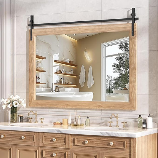 Hasipu Farmhouse Bathroom Mirror, 48"x32" Rustic Wood Framed Wall Mounted Mirror, Brown Vintage Vanity Mirror Barn Door Style Decrative Mirrors