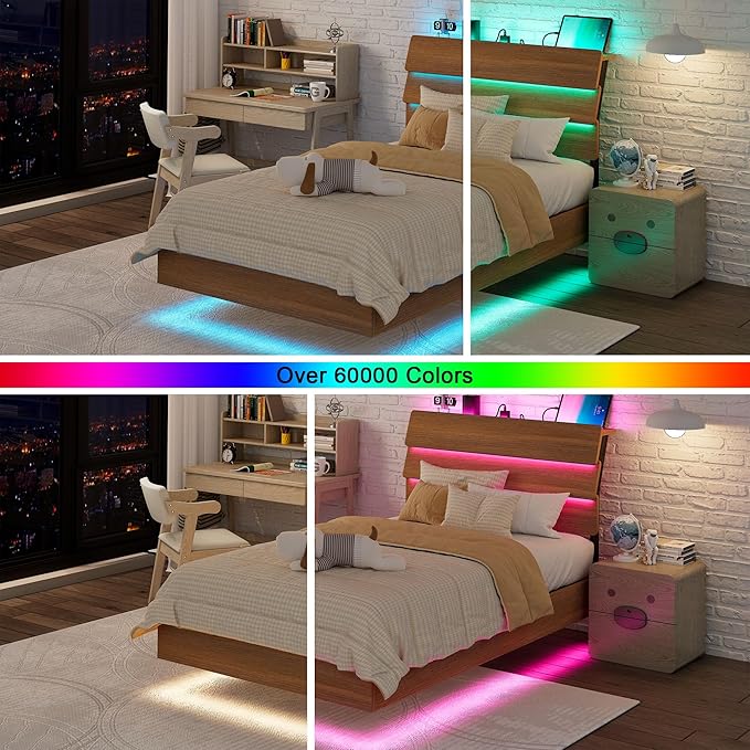 Feonase Floating Bed Frame Twin with Led Lights and Charging Station, Wood Full Size Bed Frame with Storage Headboard, Heavy Duty Metal Slats, No Box Spring Needed, Easy Assembly,Walnut