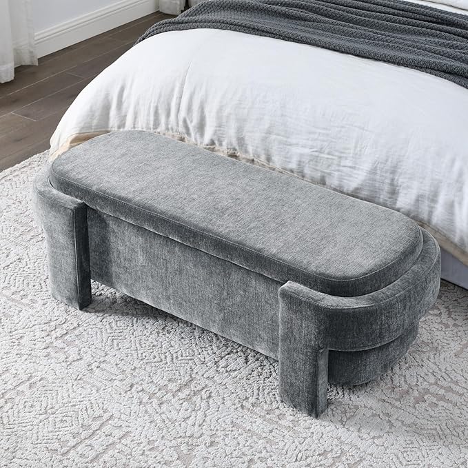 KEIKI 51" Linen Ottoman Bench with Large Storage Space, Upholstered Seating Foot Rest Stool Furniture for Bedroom, Living Room, Entryway, Green
