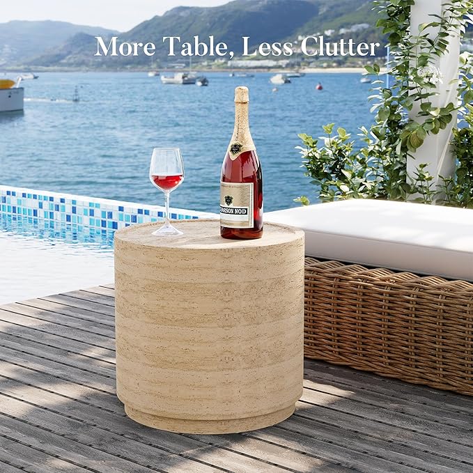 COSIEST 14.4" Outdoor Side Table, Round Concrete End Table for Patio Small Outdoor Coffe Tables, Garden Stool Accent Table for Livingroom, Porch, Deck, Balcony & Beach，Sandy Yellow