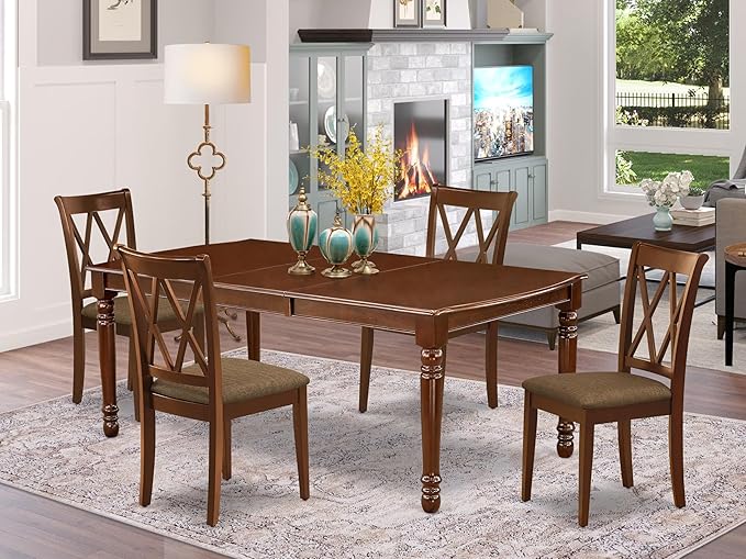 East West Furniture DOCL5-MAH-C 5 Piece Modern Dining Table Set Includes a Rectangle Wooden Table with Butterfly Leaf and 4 Linen Fabric Dining Room Chairs, 42x78 Inch, Mahogany
