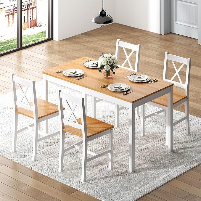 sogesfurniture Dining Table Set for 4，Dinette Set for 4 Small Space,5 Pieces Dining Table for Kitchen, Dining Room 47.5'', Pine Wood,Oak&White