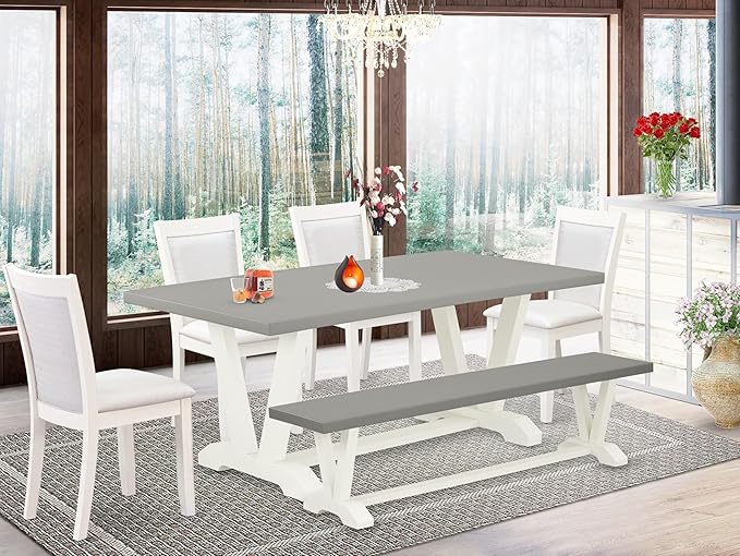 East West Furniture V097MZ001-6 6 Piece Dining Table Set Contains a Rectangle Dining Room Table with V-Legs and 4 Cream Linen Fabric Parson Chairs with a Bench, 40x72 Inch, Multi-Color