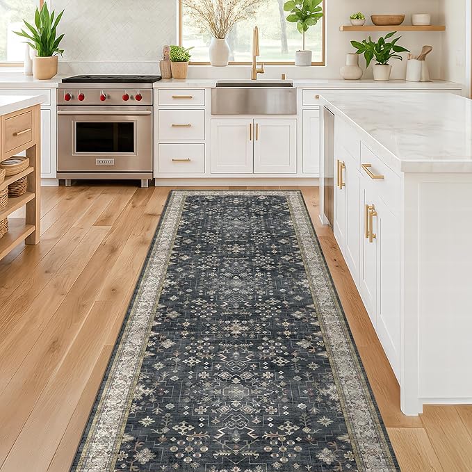 Black Boho Washable 3x16 Extra Long Runner Rug for Hallway, Waterproof Large Kitchen Floor Rug, Non-Slip Stain & Fade Resistant, Vintage Floral Decor