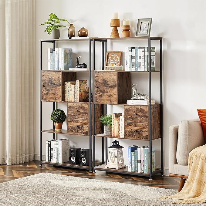 VECELO 5-Tier Bookshelf,Bookcase with 2 Storage Drawers and 1 Cabinet, Wood Shelves with Metal Frame,Open Book Shelves Standing Shelf Unit for Living Room, Bedroom,Office,Kichen