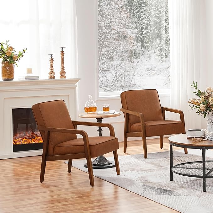 Yaheetech PU Leather Accent Chair, Mid-Century Modern Barrel Chair with Wooden Frame and Soft Thick Padded for Living Room Bedroom Home Office, 2 PCS, Light Brown