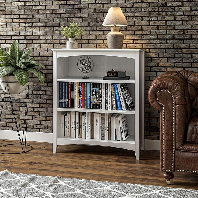 Shaker Style 3 Shelf Bookcase / Solid Wood / 36" High / Adjustable Shelving / Closed Back / Display Bookshelf for Living Room, Bedroom, Home and Office, White